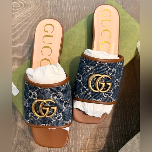 Gucci Shoes - Gucci Denim and Gold Slide Sandals